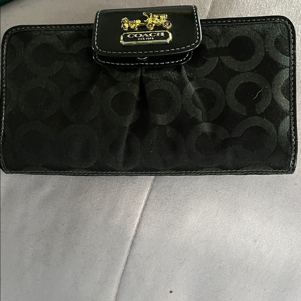Coach Black Signature Accordion Wallet with Gold Logo